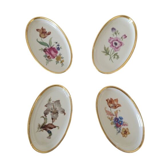 Vintage Danish Porcelain Floral Trinket Dishes Set of 4 Gold Rim Oval 1970s - Picture 1 of 14
